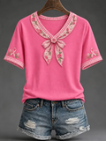 Women'S Pink Printed V-Neck T-Shirt