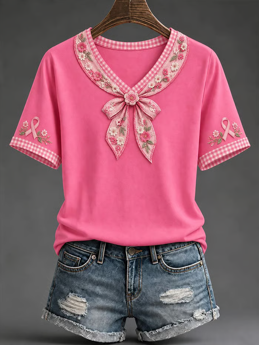 Women'S Pink Printed V-Neck T-Shirt