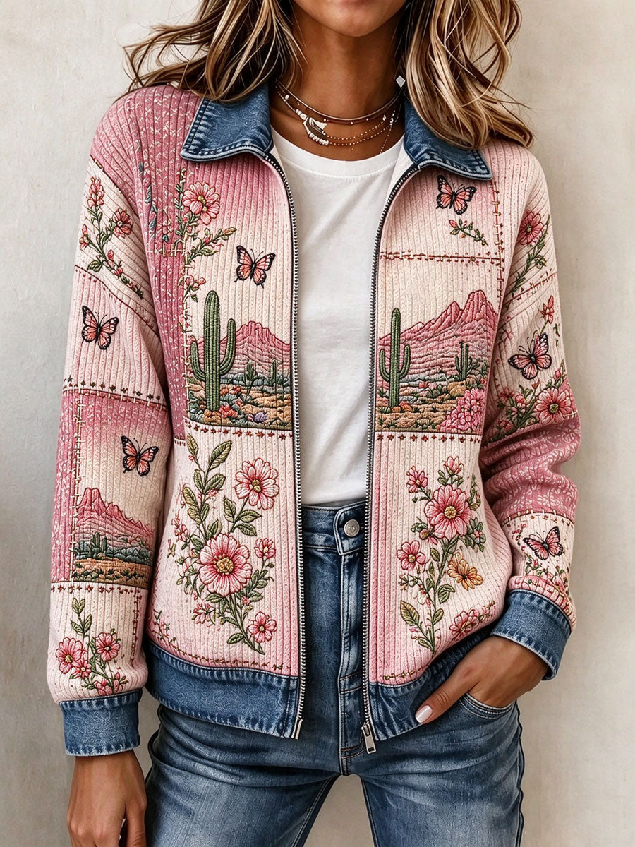 Women's Retro Floral & Butterfly Pattern Knit Zip-Up Cardigan