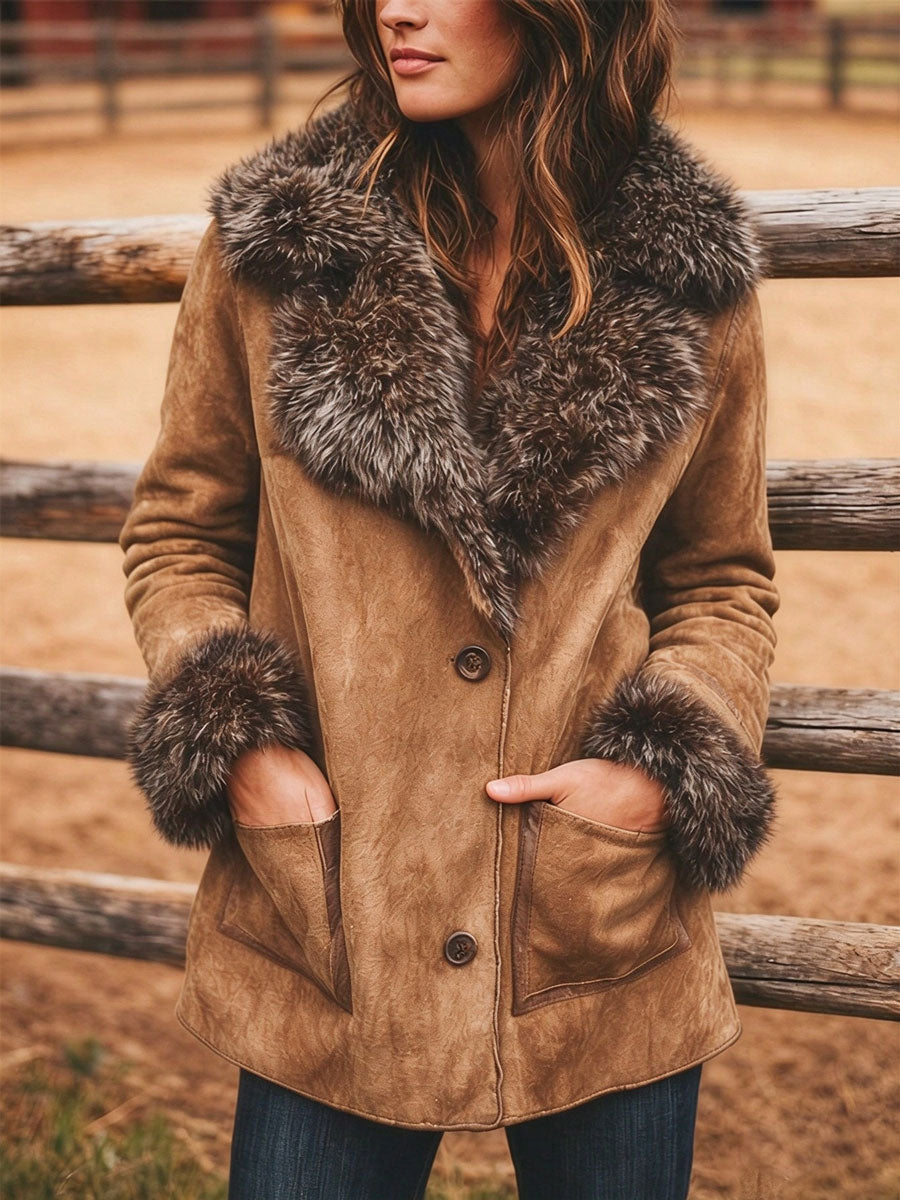 Women's Retro Suede Collar Mid-Length Coat