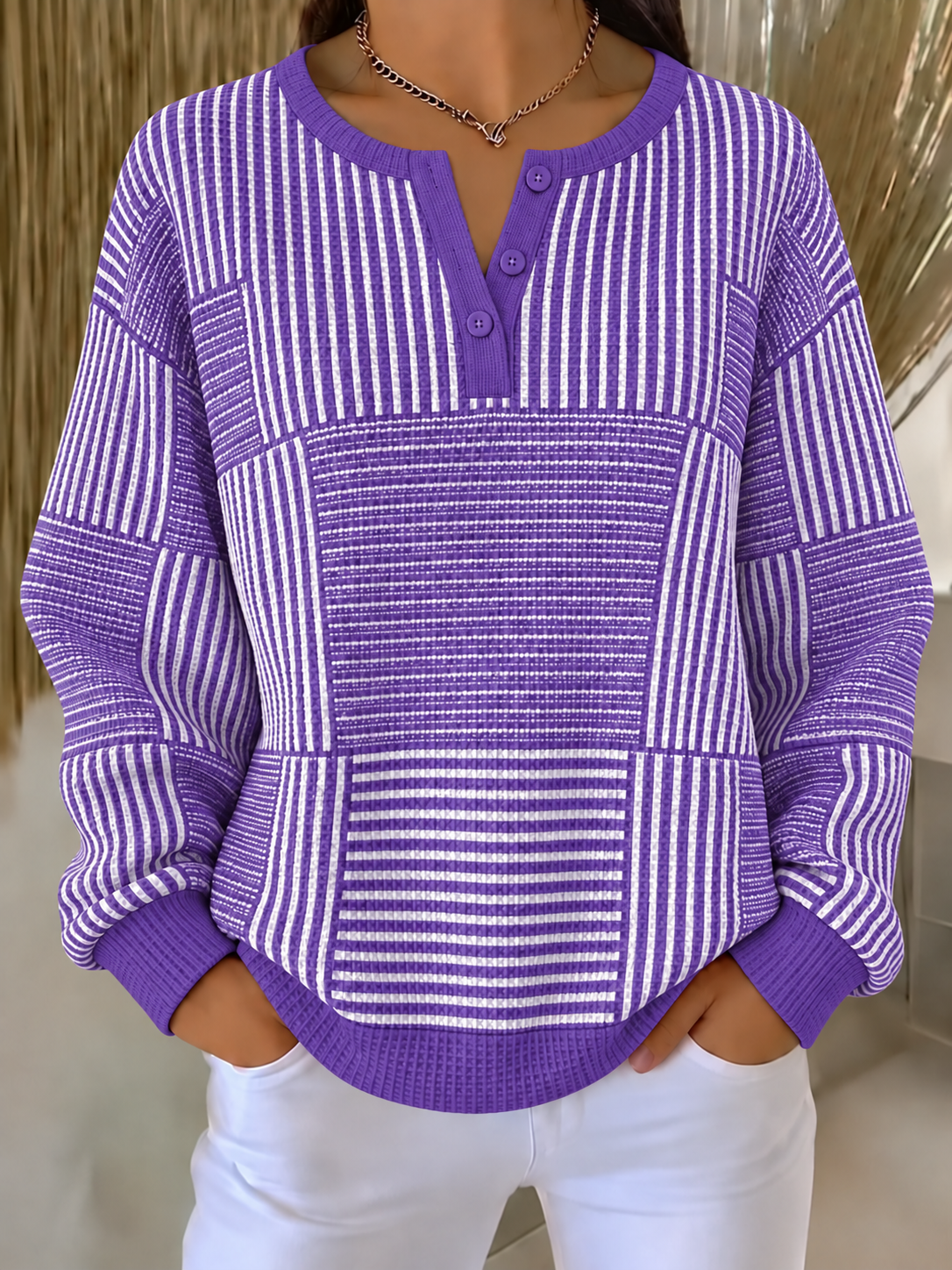 Women Abstract Henley Collar Printing Casual Spring/Fall Long Sleeve Sweatshirt