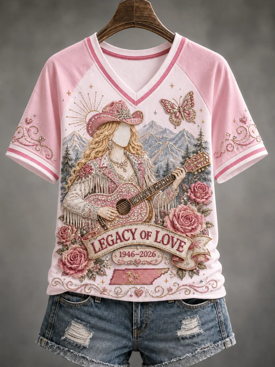 Women'S Remembering Dolly Parton V-Neck Off-Shoulder Short-Sleeved T-Shirt