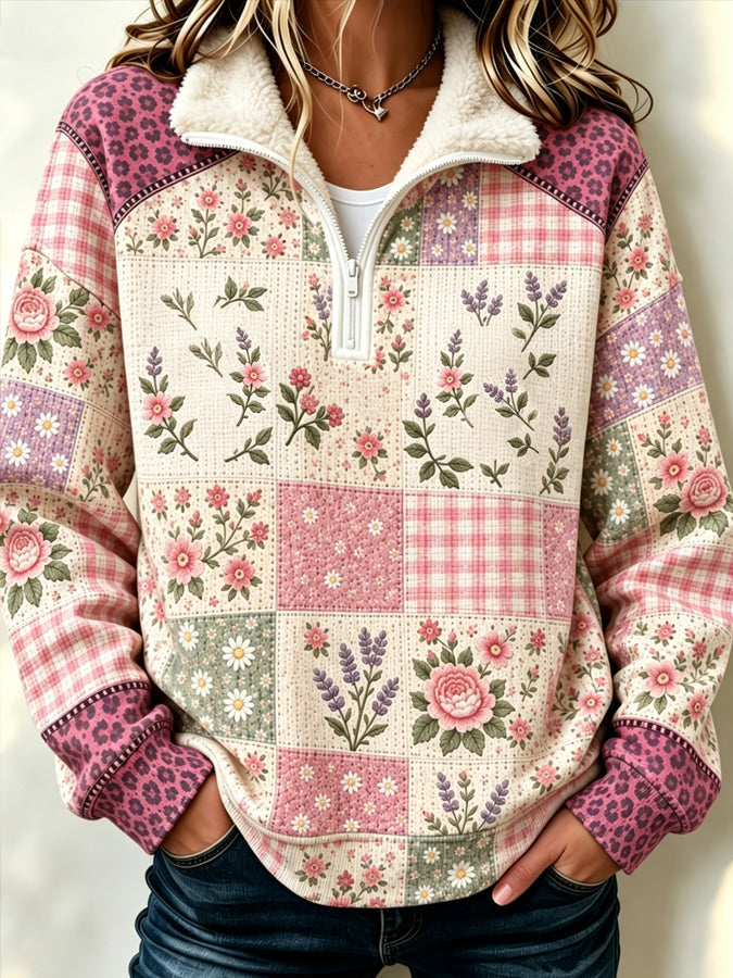 Women's Butterfly & Flower-Themed Stand-Up Collar Fleece Sweater