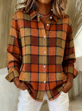 Women's Autumn Casual Orange Plaid Printed Button-down Shirt