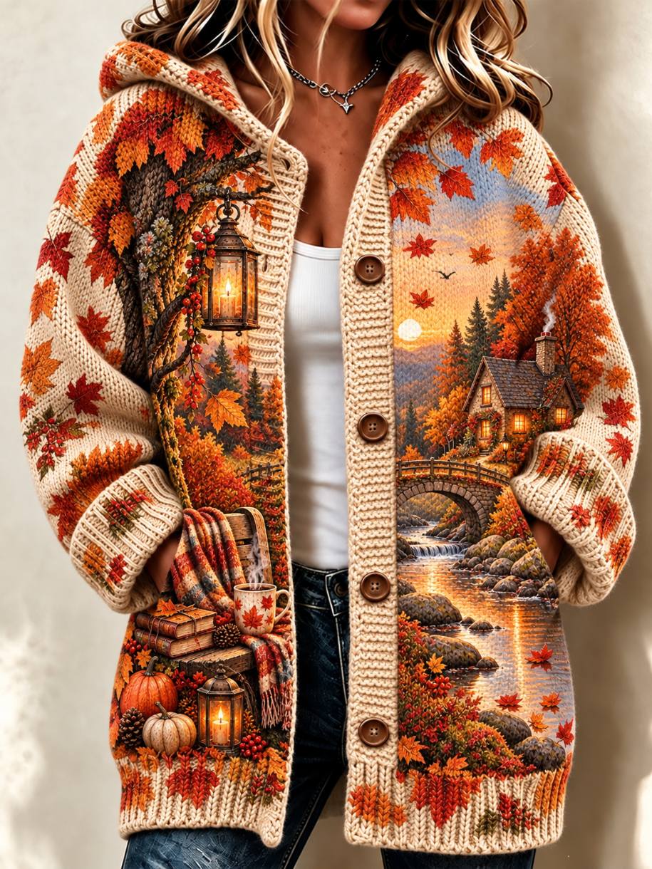 Women's Autumn Cottage Maple Landscape Print Hooded Knit Cardigan