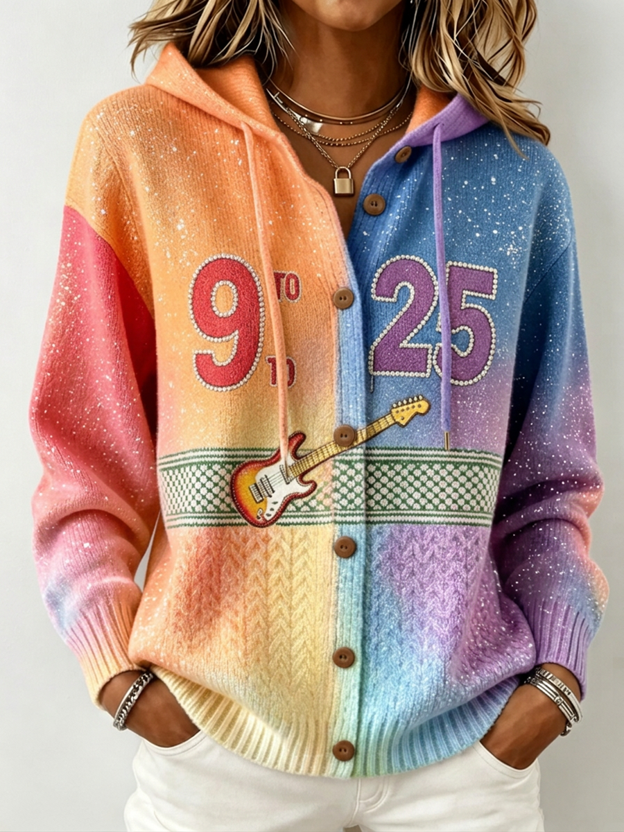 Women's Patchwork Art Knitted Hooded Cardigan