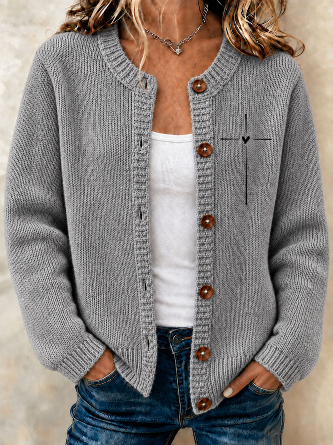 Women's Faith Cross Printed Knitted Cardigan