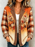 Women's Pumpkin Maple Leaf Print Plaid Blazer