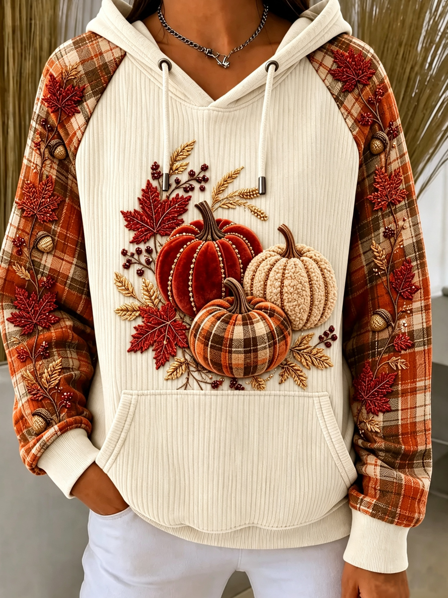 Women'S Retro Lantern Pumpkin Checkered Shoulder Hoodie