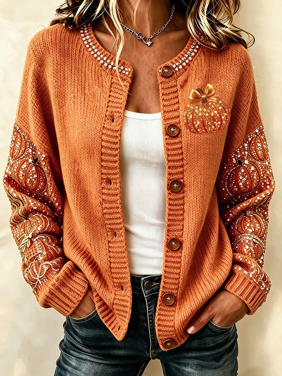 Women'S Pumpkin Printed Knitted Cardigan Top