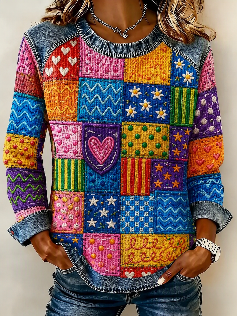 Women'S Butterfly & Floral Patchwork Print Casual Waffle Sweatshirt