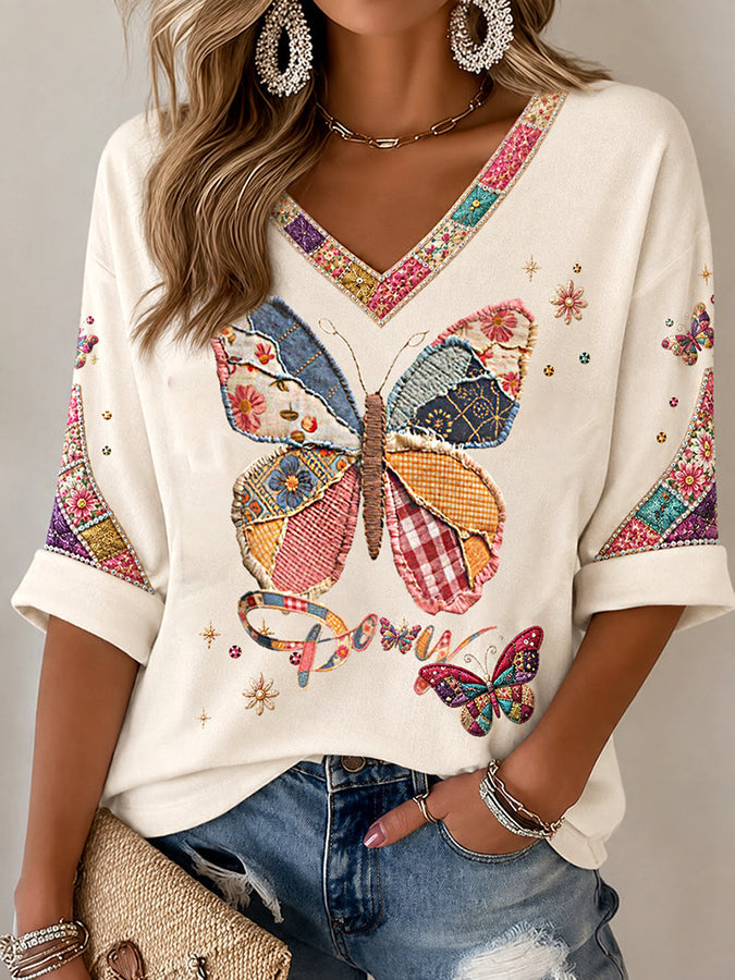 Women'S  Commemorative Printed Casual V Neck Top