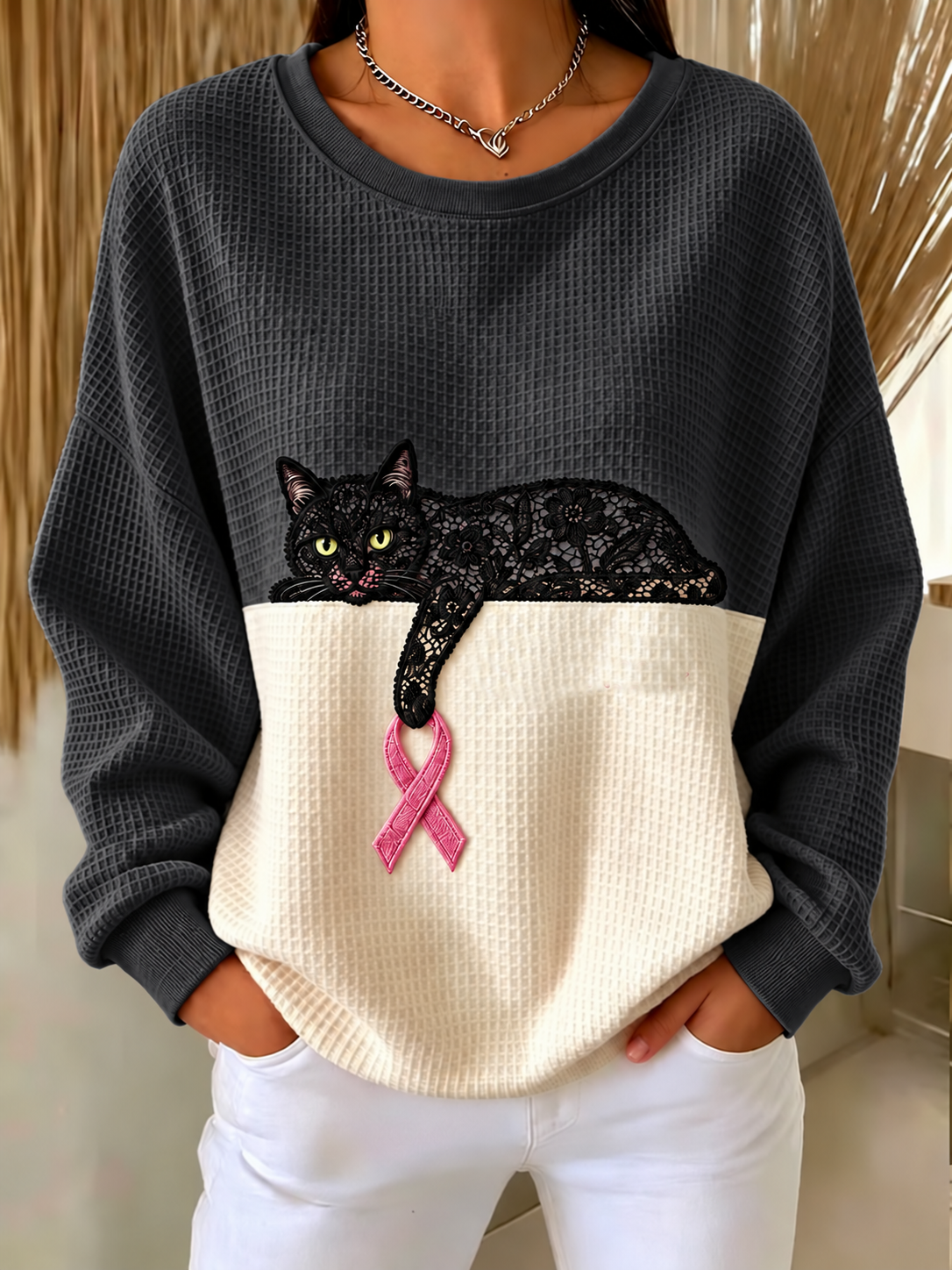 Women'S Pink Ribbon Cat Printed Casual Sweatshirt