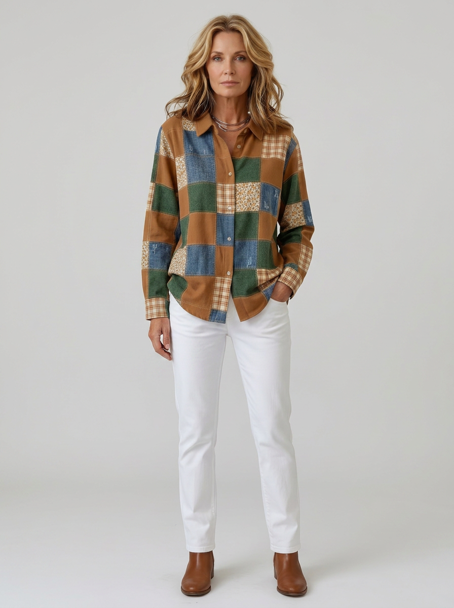 Women's Autumn Aesthetic Patchwork Floral Plaid Printed Shirt