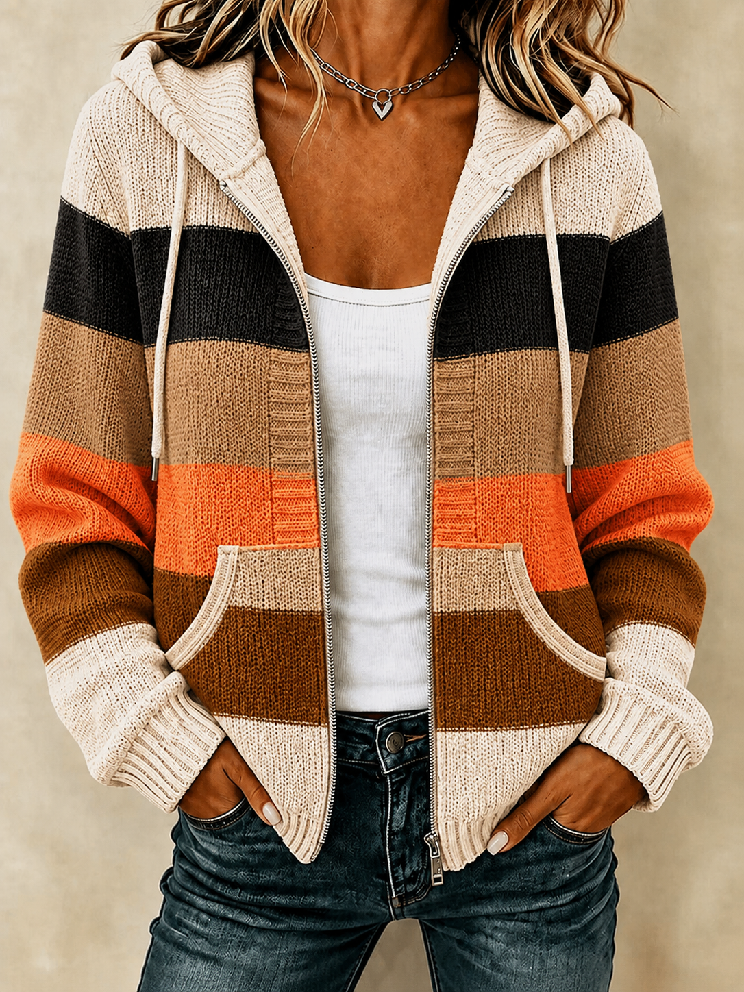 Women's Casual Striped Contrasting Knit Texture Zipper Hood