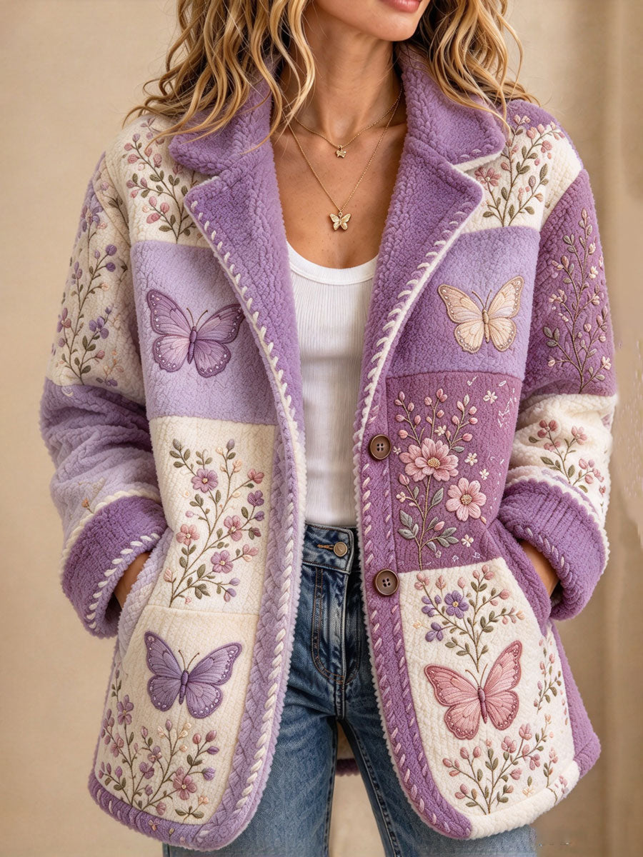 Women'S Butterfly and Floral-Themed Vintage Patchwork Sheepskin Coat
