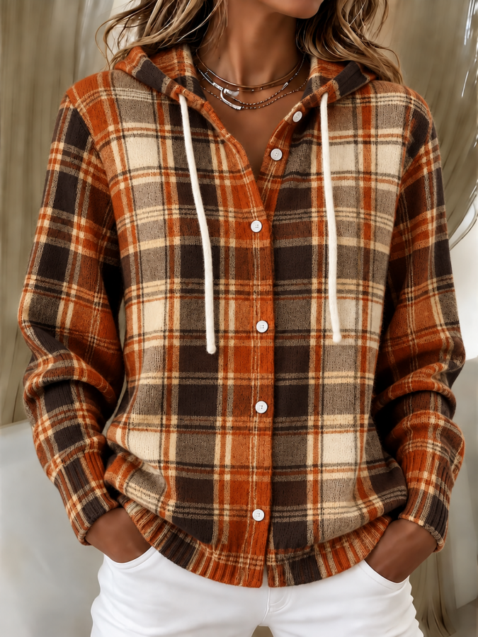 Women'S Plaid Print Knitt Hooded Cardigan