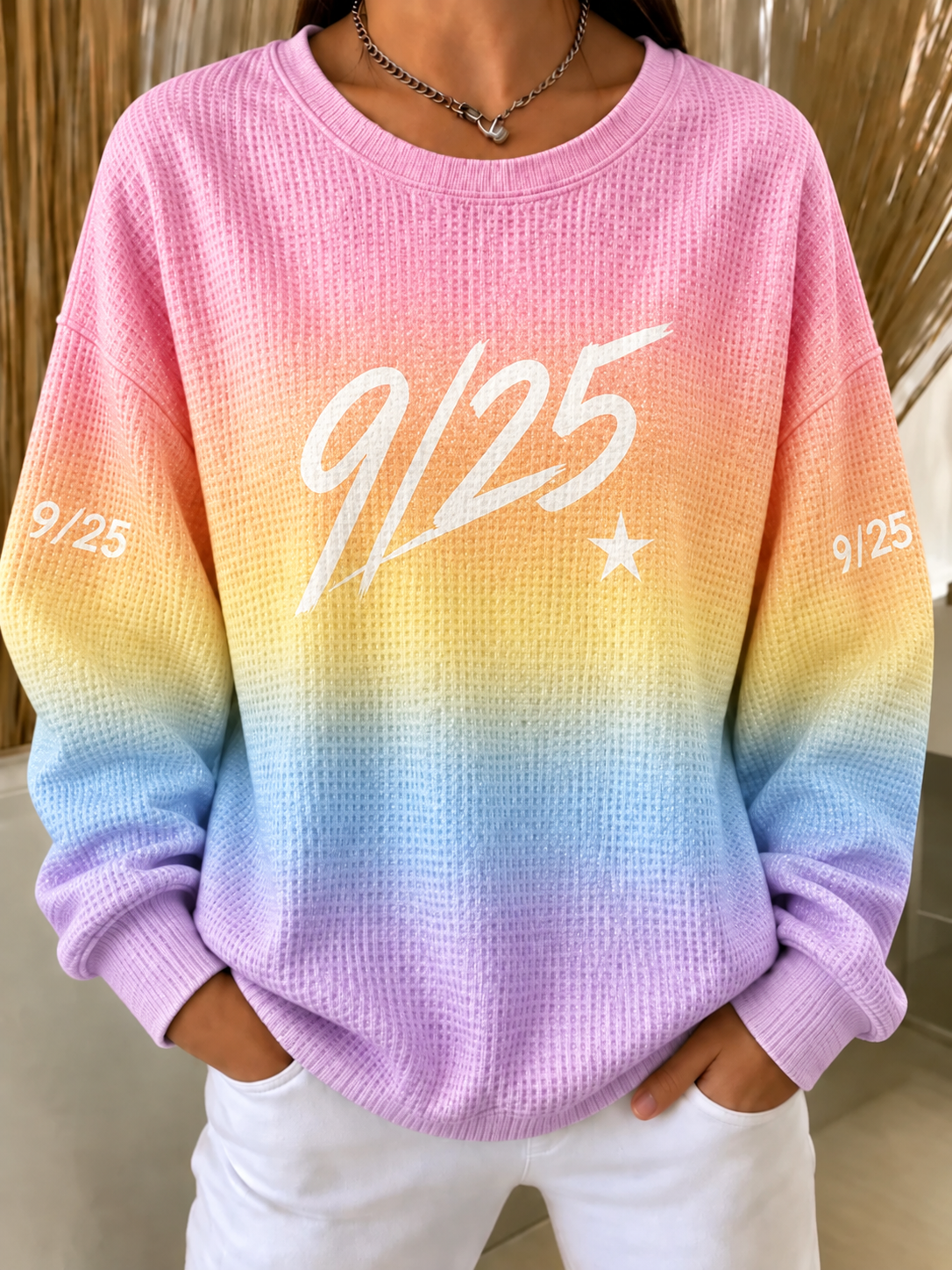 Women'S Casual Printed Waffle Long-Sleeve Top