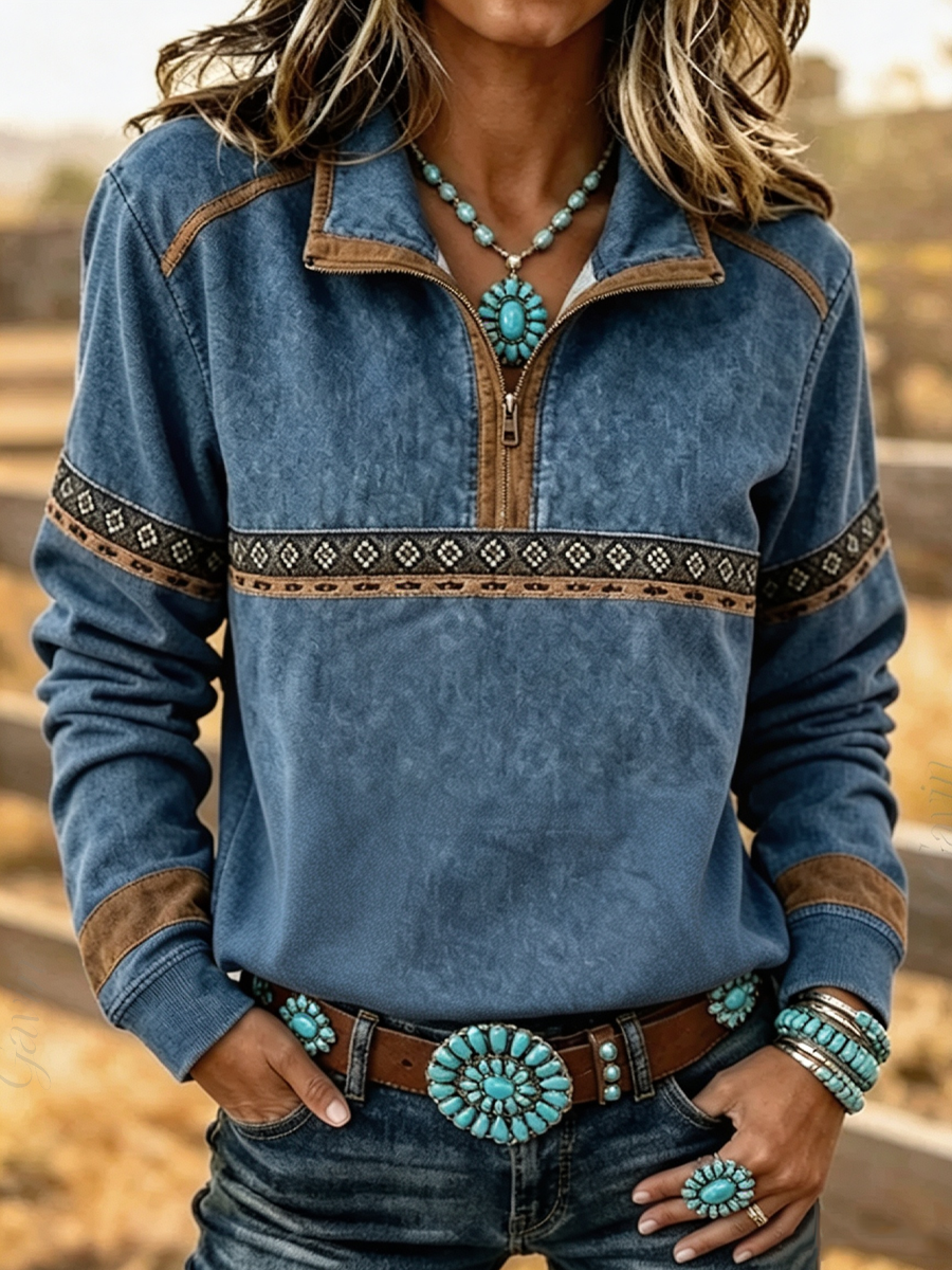 Women'S Western Style Wild West Stand Collar Long Sleeve Sweatshirt