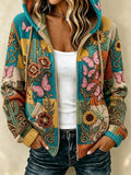 Women'S Retro Floral & Butterfly Pattern Hooded Knit Cardigan