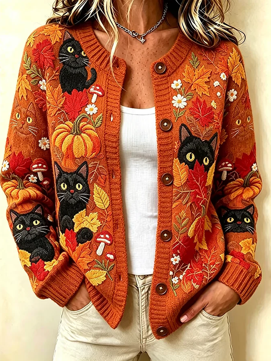 Women Cat Long Sleeve Comfy Vintage Printing Cardigan