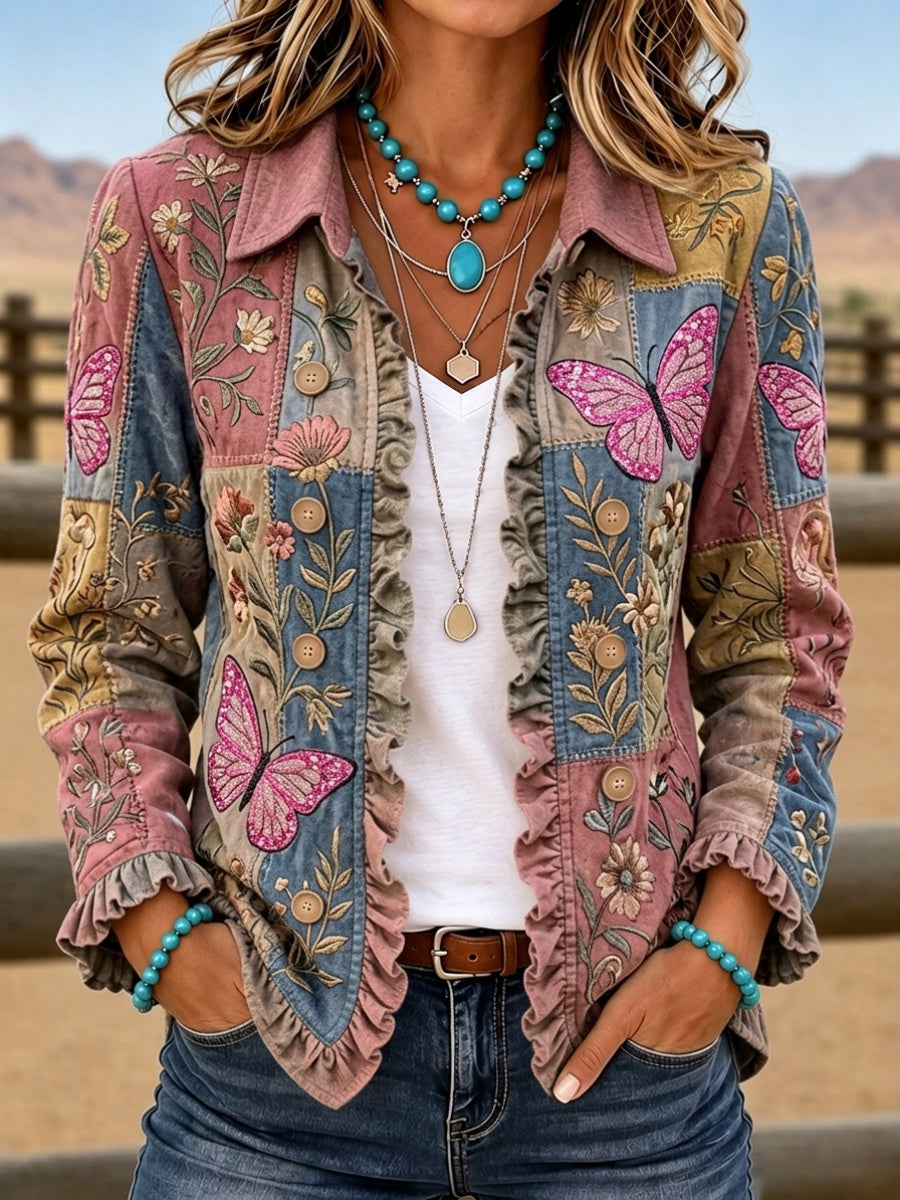 Women'S Butterfly & Floral Patterned Casual Western Style Jacket