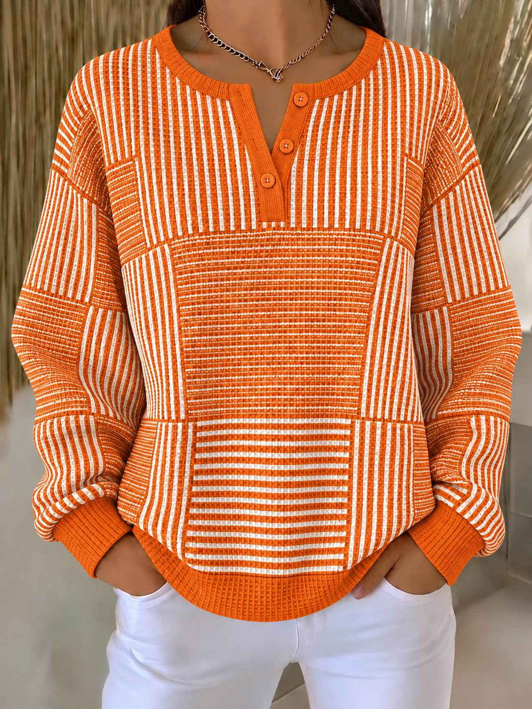 Women Abstract Henley Collar Printing Casual Spring/Fall Long Sleeve Sweatshirt