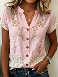 Women's Floral Patchwork-Print Linen Short-Sleeve Shirt