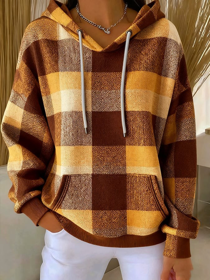 Women'S Plaid Retro Autumn Pullover Hooded Sweatshirt