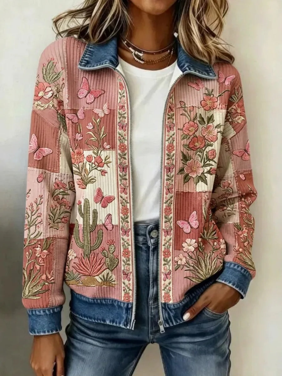 Women's Retro Floral & Butterfly Pattern Knit Zip-Up Cardigan