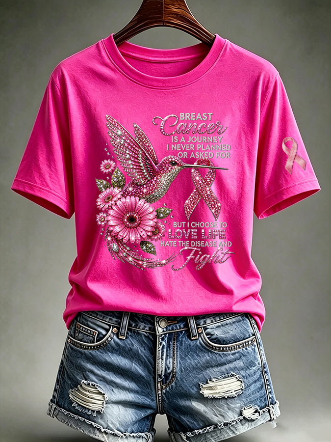 Women'S Casual Pink Hummingbird Printed T-Shirt
