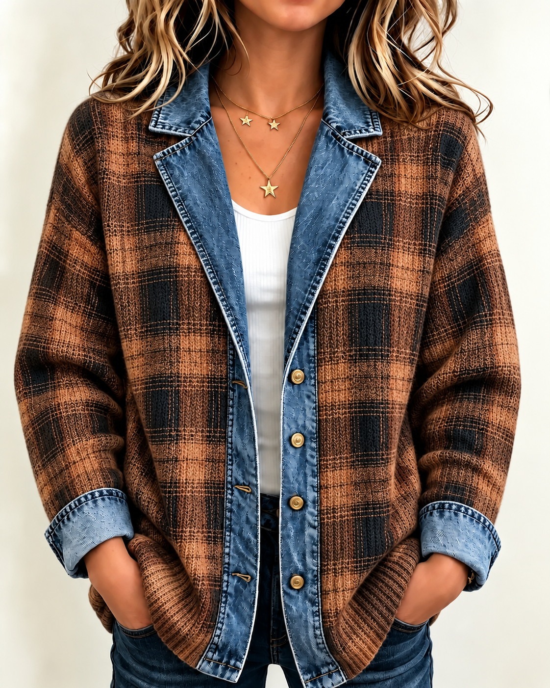 Women'S Casual Checkered Patchwork Cardigan