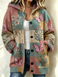 Women'S Butterfly & Floral Pattern Casual Hooded Long Cardigan