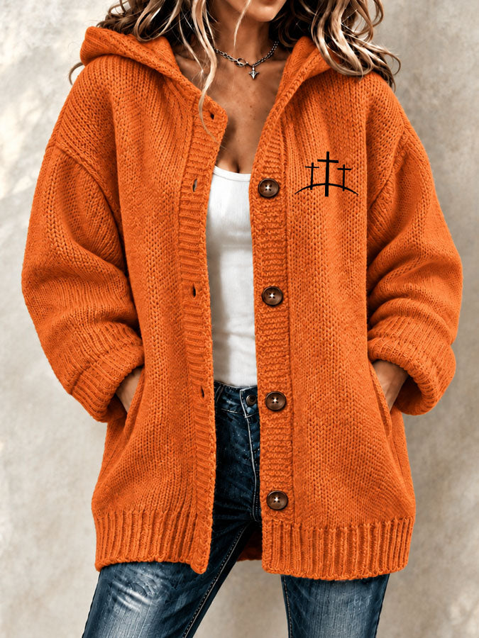 Women's Faith Cross Printed Knitted Cardigan