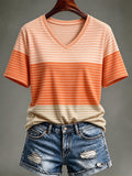 Women'S Casual Autumn Striped V-Neck T-Shirt