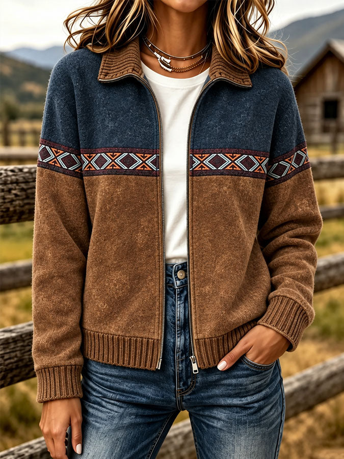 Women'S Western Geometric Printed Knit Zipper Jacket