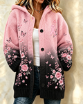 Women'S Plant Pollen Red Breast Cancer Promotion Prevention Printed Casual Cardigan