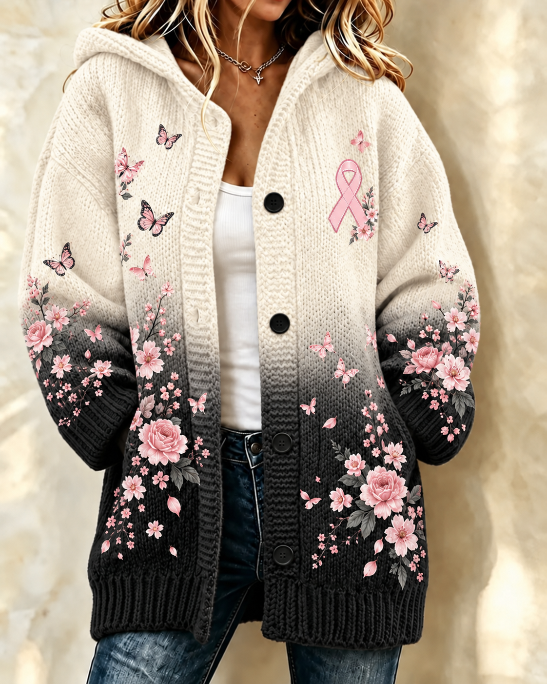 Women'S Plant Pollen Red Breast Cancer Promotion Prevention Printed Casual Cardigan
