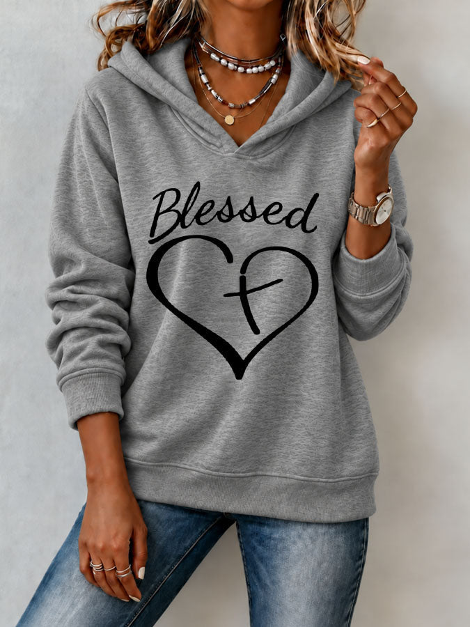 Women'S Blessed Heart Cross Printed Hoodie