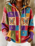 Women's Patchwork Art Knitted Hooded Cardigan