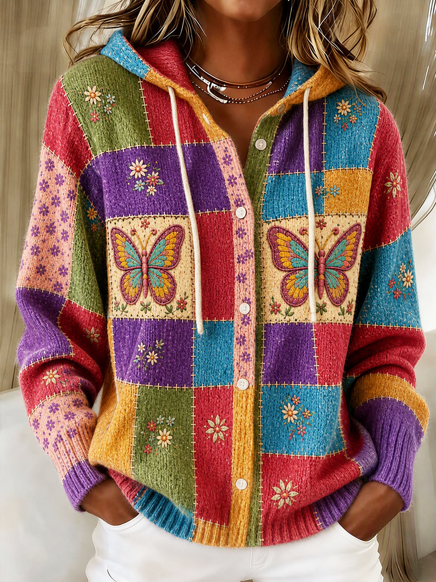Women's Patchwork Art Knitted Hooded Cardigan