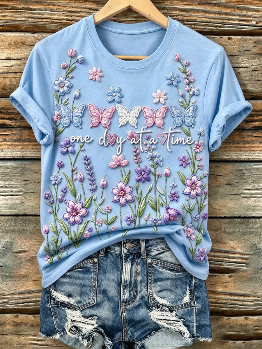 Ladies' Butterfly Flower Pattern Casual Short Sleeve Round Neck T-Shirt