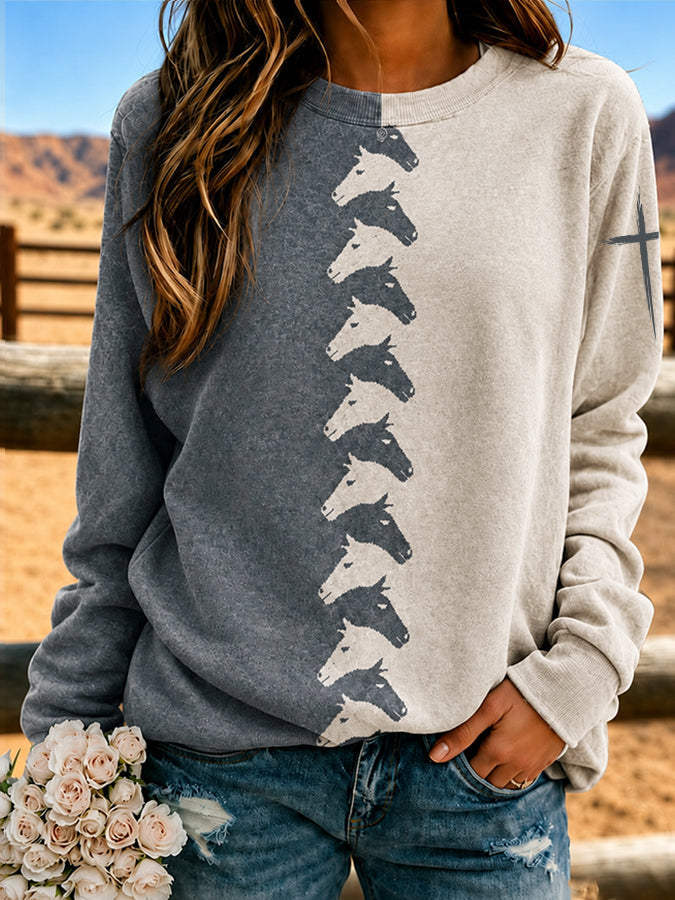 Women'S Western Style Cross Print Round Neck Sweatshirt