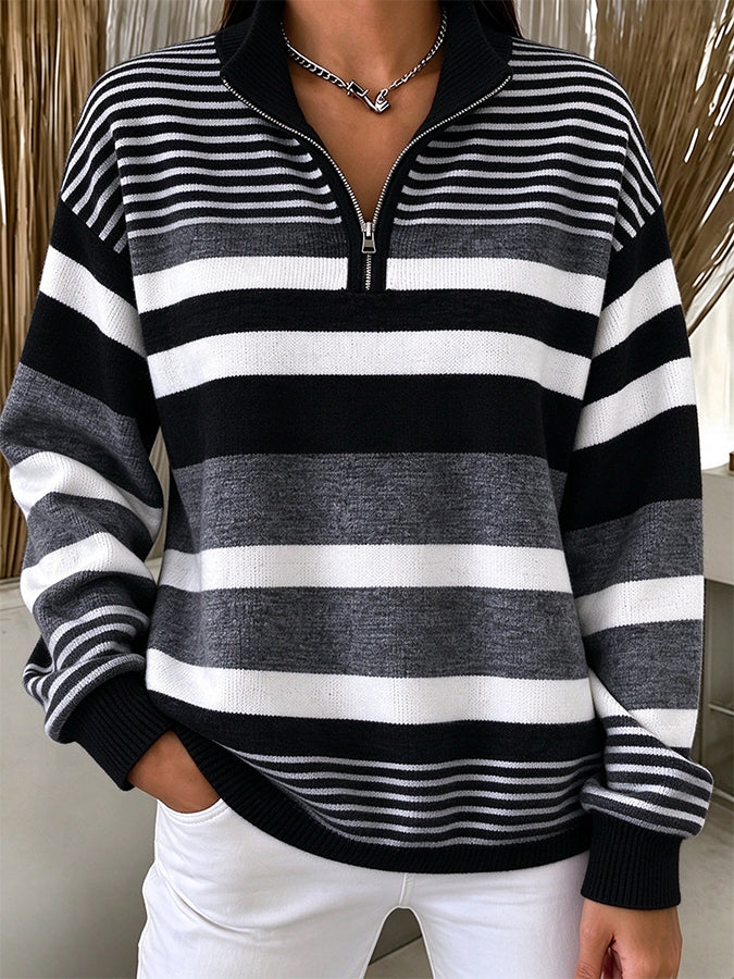 Women'S Striped Zipper Sweatshirt