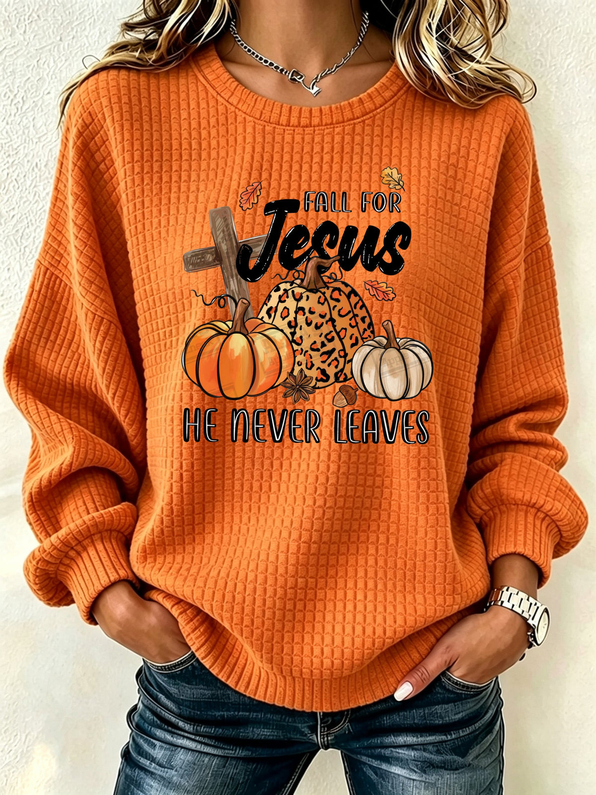 Women'S Waffle Orange Art Round Neck Checkered Sweatshirt