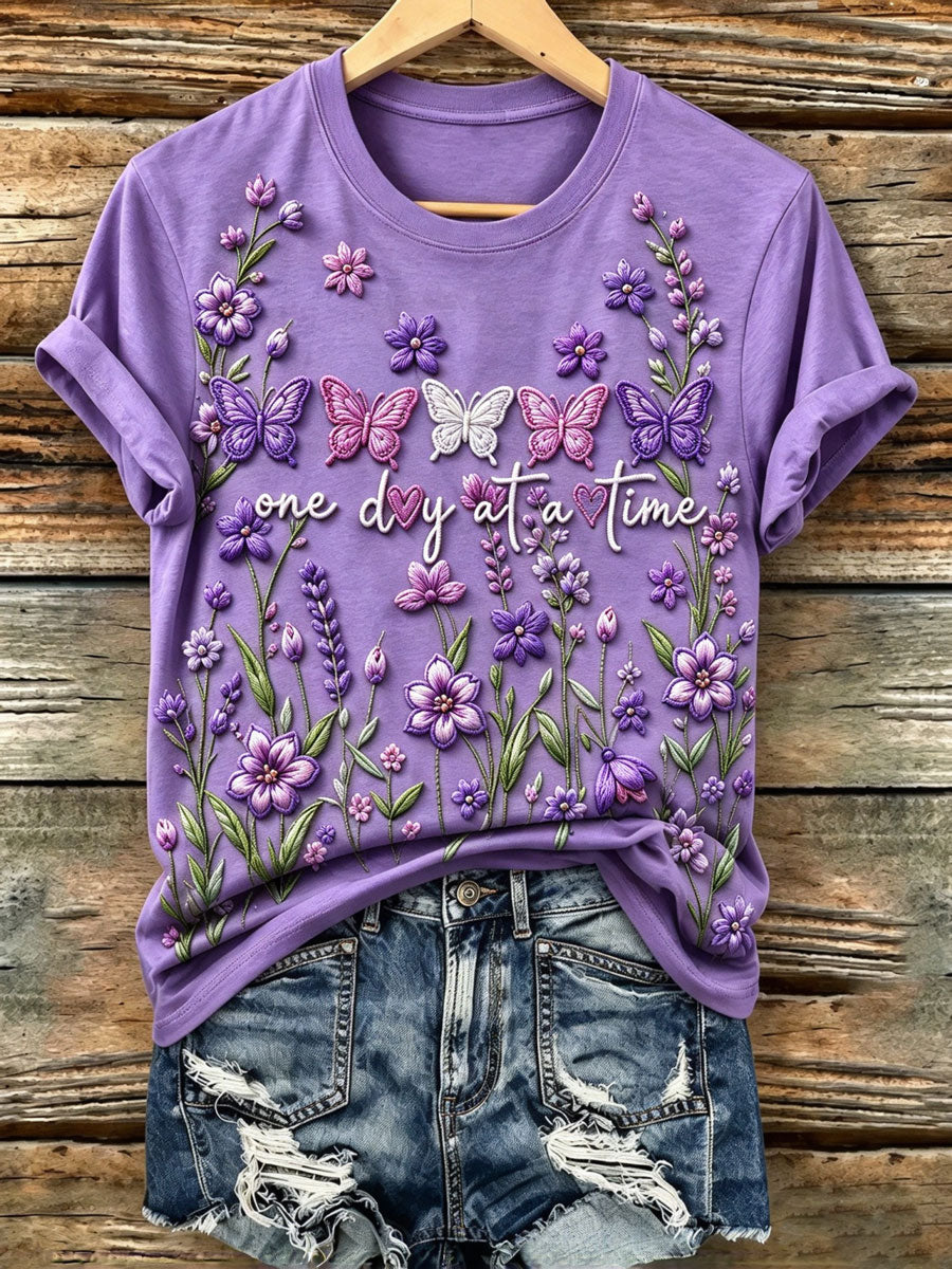 Ladies' Butterfly Flower Pattern Casual Short Sleeve Round Neck T-Shirt