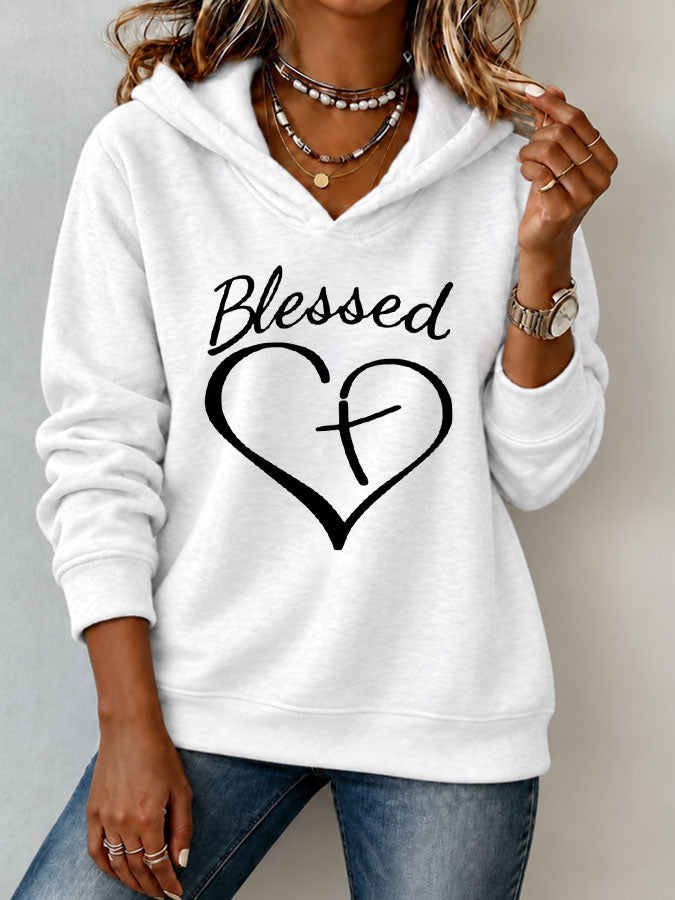 Women'S Blessed Heart Cross Printed Hoodie