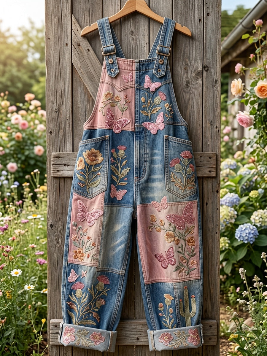 Women's Butterfly & Floral Pattern Vintage Overalls