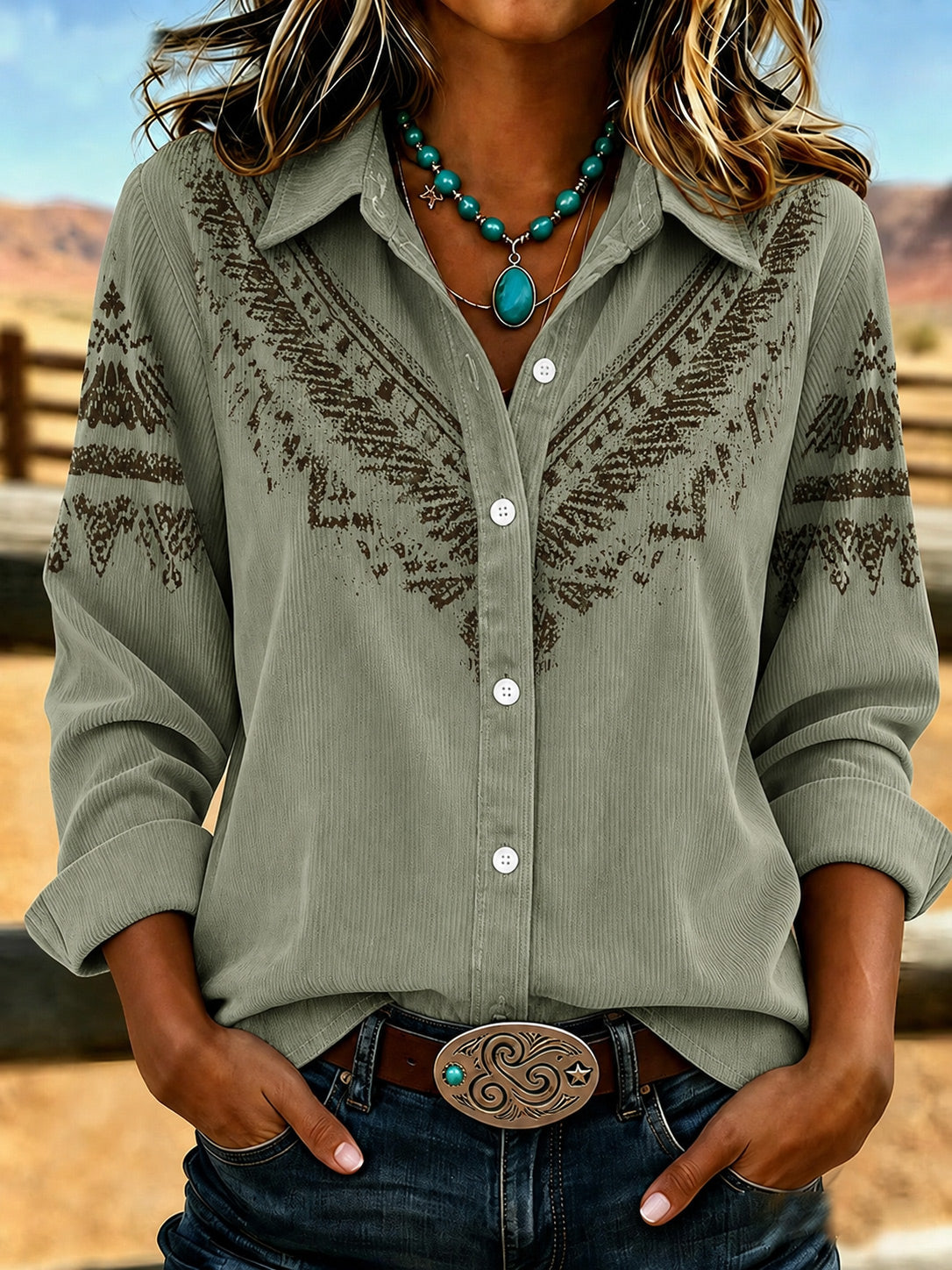 Women's Vintage Distressed Floral Heart Wood Grain Corduroy Button Up Shirt