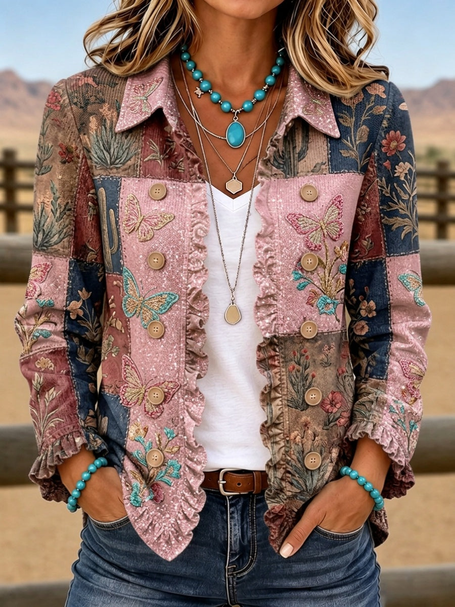 Women'S Butterfly & Floral Patterned Casual Western Style Jacket
